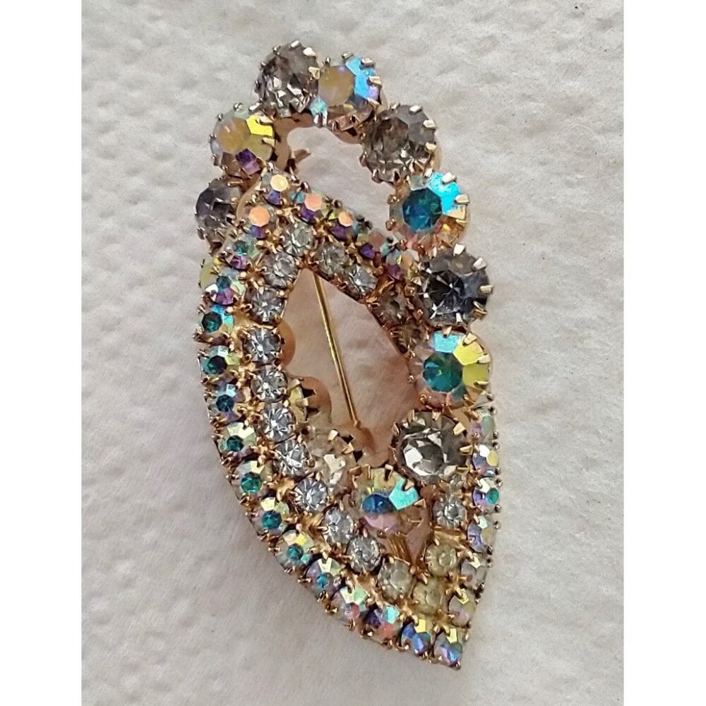 Vintage Brooch Pin Aurora Borealis Rhinestones 50s-60s Gold Tone Metal